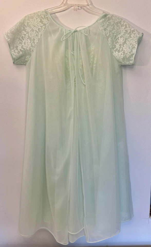 De Colección Vanity Fair Talla 30 Verde Como Nuevo Gasa Transparente Encaje Peignoir Conjunto Camisón Bata Foto 3 de 4