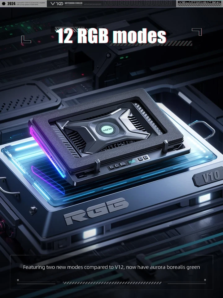 Almohadilla de enfriamiento para computadora portátil llano V10 RGB 13-17,3 pulgadas turbo ventilador soporte ajustable pesado Foto 3 de 4