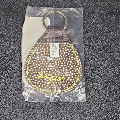 Thirty-One Key Fob Brown White Fabric Metal Pin Dot Pattern 3554104S11