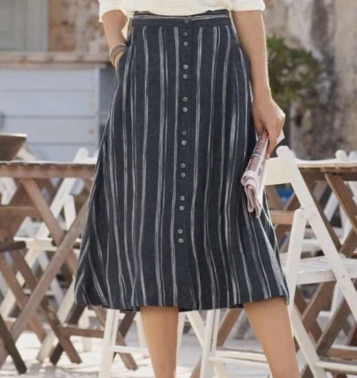 Garnet Hill Linen Button Front skirt Navy Stripe Size 10
