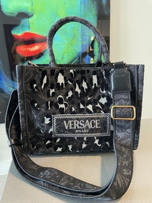 Versace Small Tote Lurex Bag Black Jacquard Leopard Print Fabric $2375 Retail.