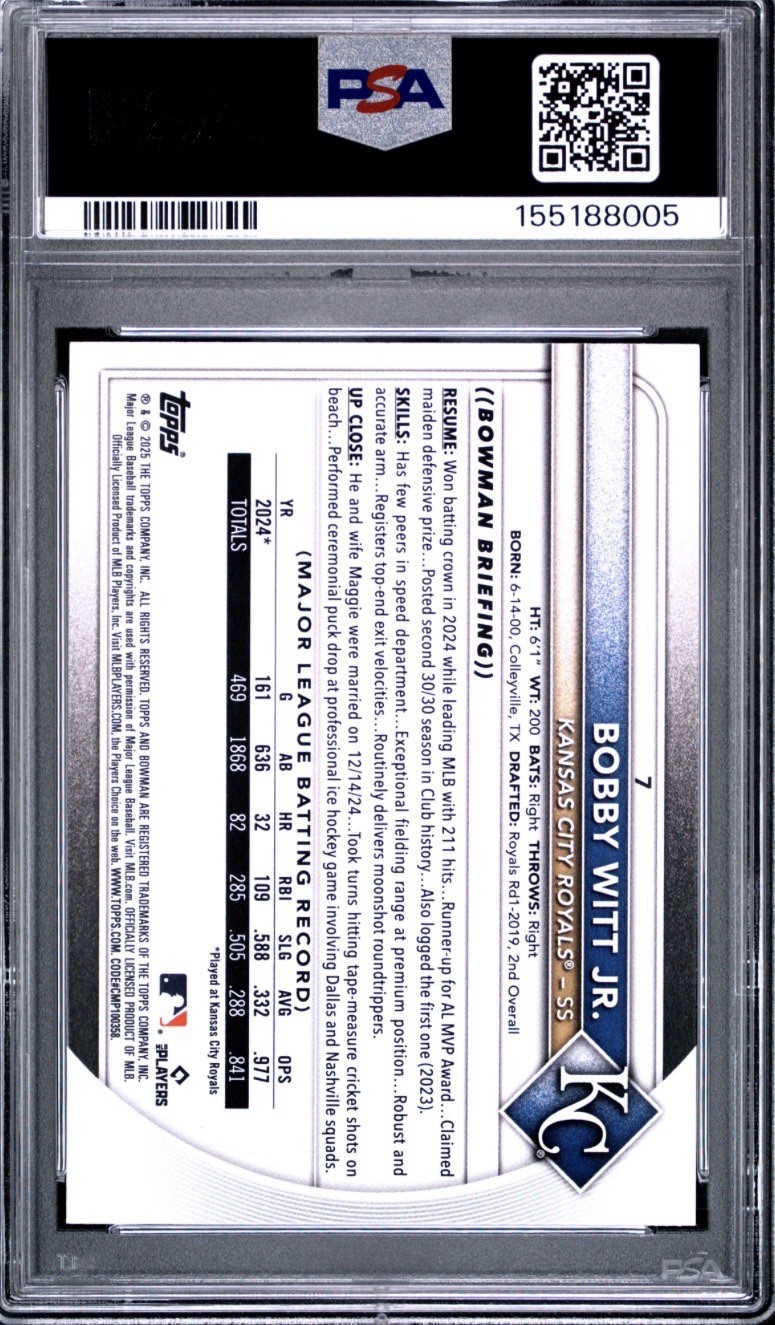 Topps 2025 Bowman Bobby Witt Jr #7 Green /99 Kansas City Royals PSA 9 view 2