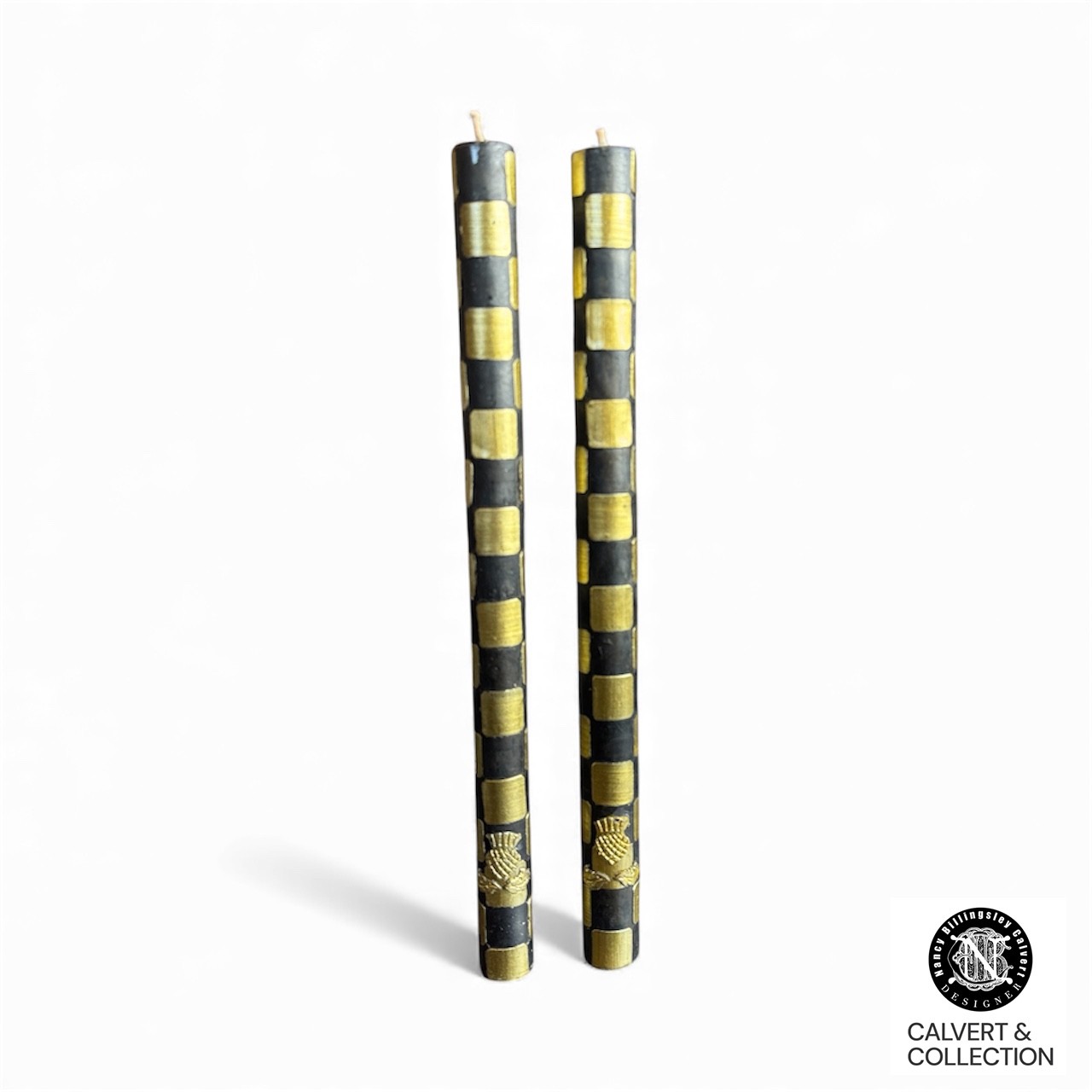Mackeznie Childs Check Black and Gold Dinner Beeswax Candle Sticks