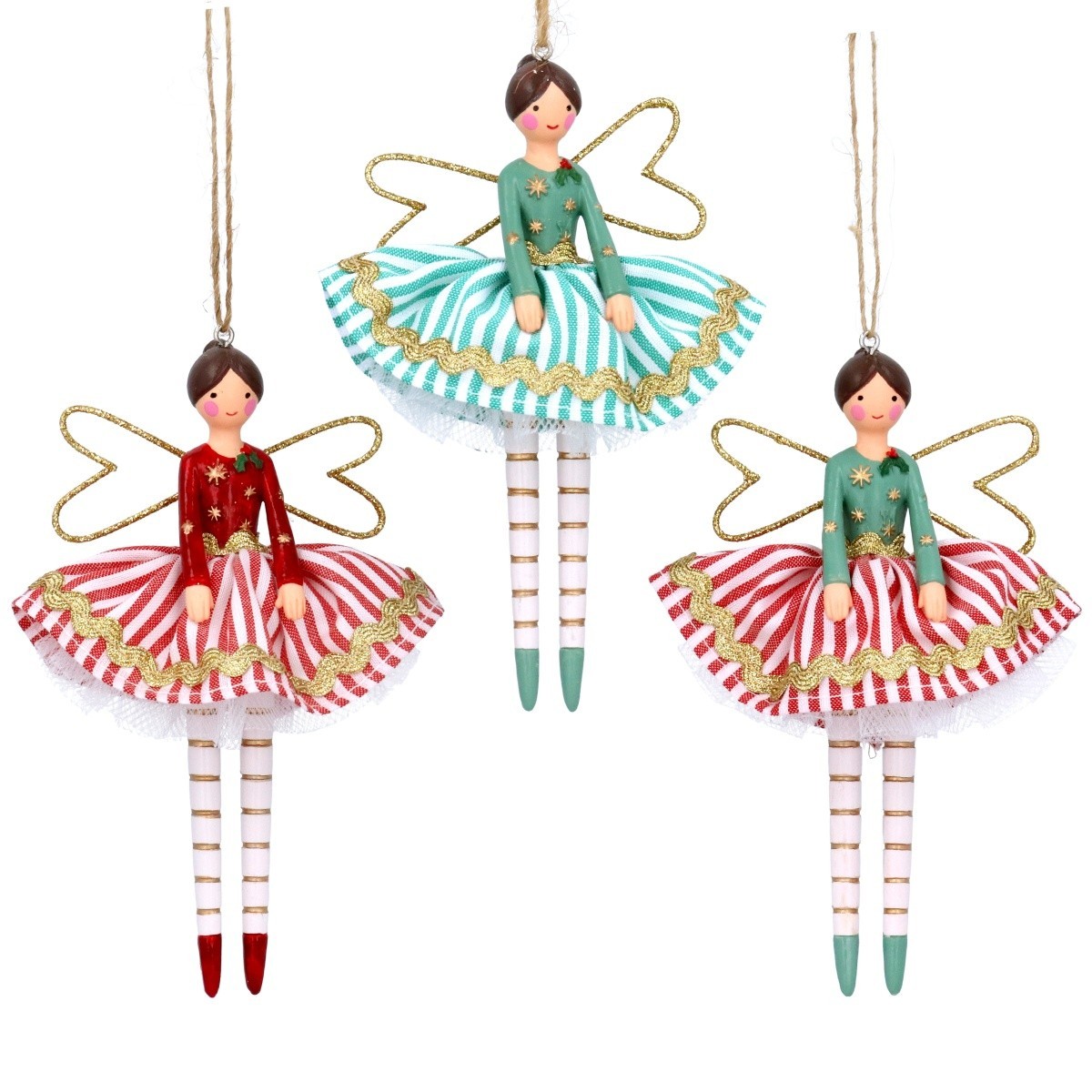 Gisela Graham Set of Three Striped Fairy Christmas Tree Decorations with Twine