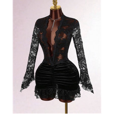 Black Lace Velvet Sheer Bodycon Mini Dress Flared Long Sleeve V-Neck