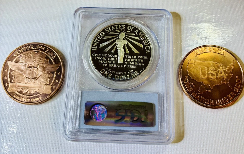 1986-S $1 PCGS PR67 DCAM Statue of Liberty Silver Coin+ 2 Patriotic Copper Coins - Image 2 of 2
