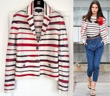 CHANEL 20S ECRU NAVY BLUE RED SILVER KNIT CASHMERE CC RUNWAY STRIPED JACKET 36
