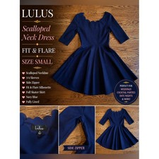 Lulus Navy Scalloped Neck Fit & Flare Dress Size Small 3/4 Sleeve Side Zip