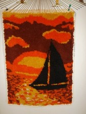 Vtg 1970s Sailboat Sunset Earthtones Latch Hook Rug Hanging Wall Art 24" x 32"