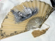 STUNNING VICTORIAN MOTHER OF PEARL HAND PAINTED BIG FAN WITH TASSEL  BOX.c1900