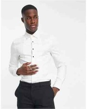 Noak Men's White Easy Iron Slim Sateen Formal Shirt with Detail Wing Collar
