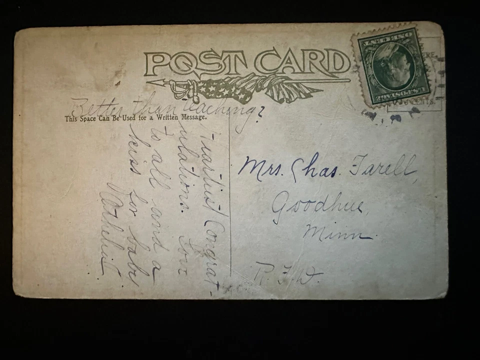 Cigüeña grande con alfiler de seguridad ~ postal de felicitación de anuncio de nacimiento de bebé antiguo ~ b699 Foto 2 de 2