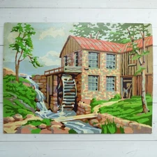 1957 Craftint Paint By Number PBN Oil Painting Old Mill Water Wheel Stream 12x16