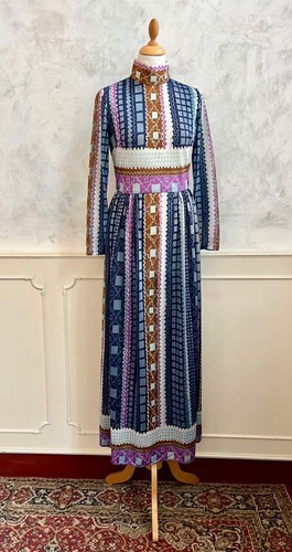 Vintage 1960's JEAN VARON Blue White Pink Abstract Psychedelic Maxi Dress 10 - Picture 5 of 13