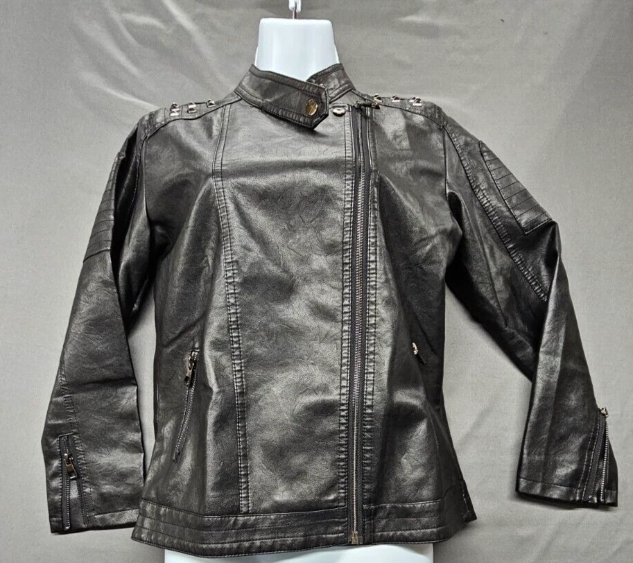 Chaquetas con tachuelas de cuero sintético para motocicletas de primavera con cremallera oblicua para niños y niñas Foto 4 de 4