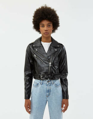 Veda Baby Jane Cropped Moto Jacket Glossy Black Vegan Leather