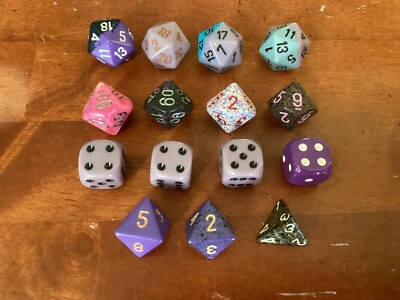 Lot of 15 Dice-(4)D20-(2)D%-(2)D10-(2)D8-(4)D6-D4-CHESSEX-A38