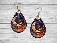 Celestial Moon Earrings Handmade Wood Tear Drop Dangle Printed Jewelry