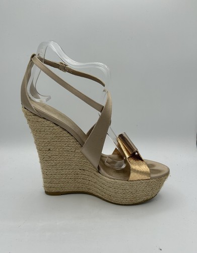 BURBERRY Espadrille Wedges Beige Satin Gold Bow Buckle Closure EU 39 UK 6 - Picture 2 of 9