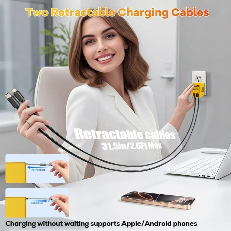Adaptador de carga rápida GaN 4 en 1 con retráctil tipo C y iphone Foto 4 de 4