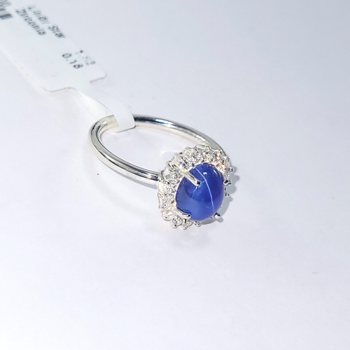 Lab created lindy blue star sapphire with zirconia cluster silver ring - Picture 6 of 9