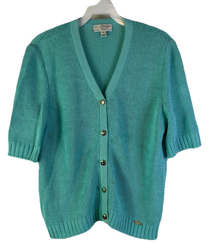 St. John, Vintage 90s St. John Marie Gray Knit Short Sleeve Cardigan Sweater USA