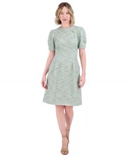 Jessica Howard Fit & Flare Dress 10P Petite Green Metallic Tweed Puff Sleeve NWT