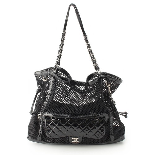CHANEL Mesh x Patent Leather Matelass Single Flap Double Chain Set Tote Bag Blac