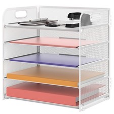 Supeasy 5 Trays Paper Organizer, Letter Tray with Handle-Mesh File Holder, White
