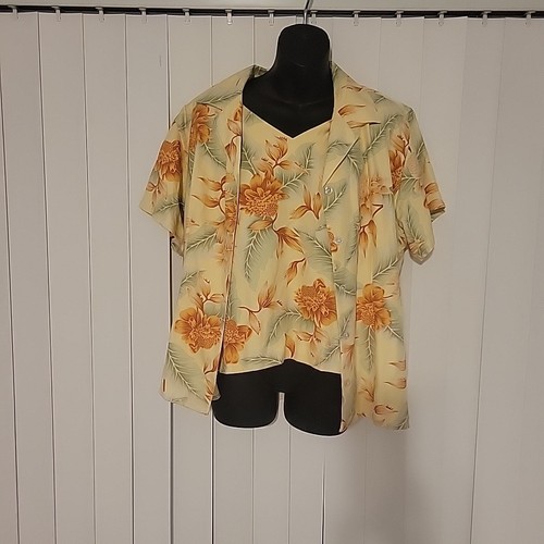 Tommy Bahama 2 Pc 100% Silk Twin Set Womens Tank Shirt Sz Large Green Hawaiian
