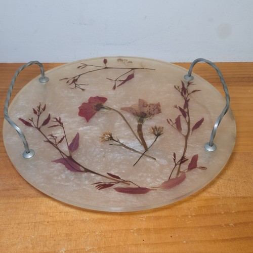 Vintage MCM Round Lucite Tray Pressed Dries Flowers Wrought Iron Handles - Picture 2 of 5
