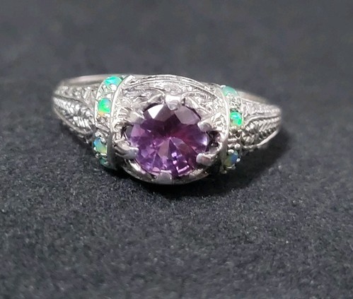 Natural Alexandrite & Opal 925 Sterling Silver Nouveau Style Ring Sz 8 1047