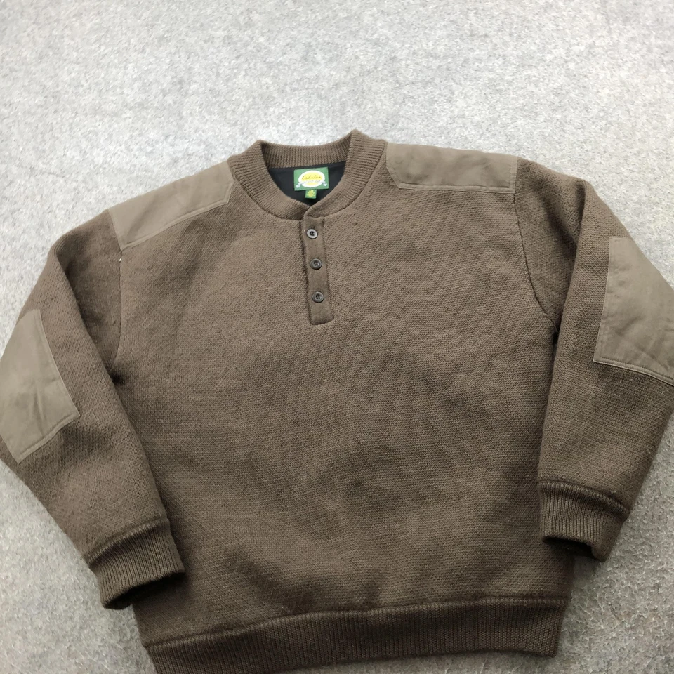 Cabela's Suéter Para Hombres Grande Marrón Lana Henley Forrado Tiro Caza Parches Foto 3 de 4