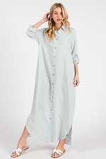 Sage Striped Button-Down Maxi Dress Rolled-Up Sleeve Pockets Small