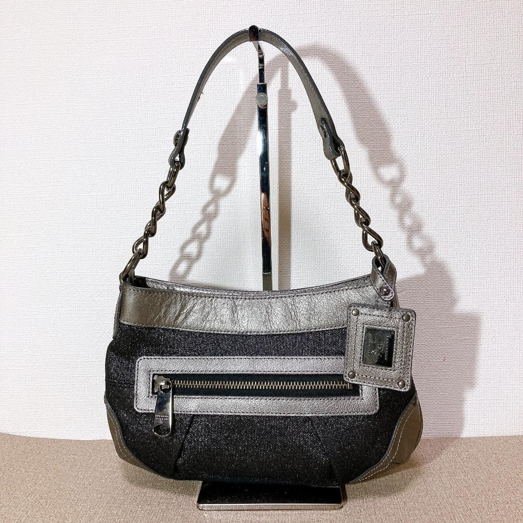 Burberry Blue Label One Shoulder Bag Navy Glitter Canvas Leather Logo Bag New