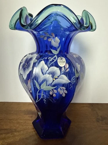 RARE Vintage Fenton 75th Anniversary Cobalt Blue Vase Hand Painted & Signed