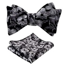 Mens Classic Floral Pattern Self-tied Bow Tie and Handkerchief 090-black white