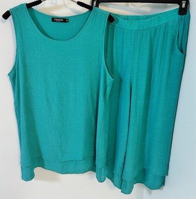Creation Womens M 2-Piece Sleeveless Top & Cropped Pull On Pants Teal Gauze EUC