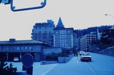 c1970's Ektachrome 35mm Slide, St. Moritz Kulm Hotel, Volkswagen Golf, Swiss