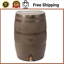 RTS 50 Gal Rain Barrel – Walnut Color, Brass Spigot, Flat Back Design
