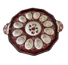 Temp-tations Deviled Egg Tray Red Platter Floral 13.5” Maroon 12 Eggs Dish Tara