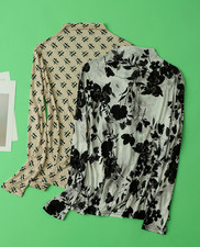 Women's 100 Mulberry Silk Long sleeve Printed Top Shirt Blouse Pullover Black