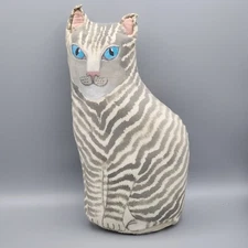 folk art primative Hand painted fabric, cat figurine Grey Striped Tabby Kitty