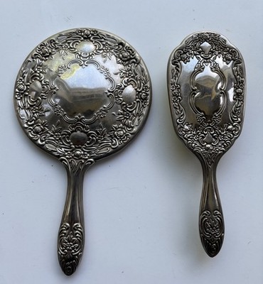 Vintage Silver Plated Mirror and Brush Vanity Set Ornate Floral Design Heavy