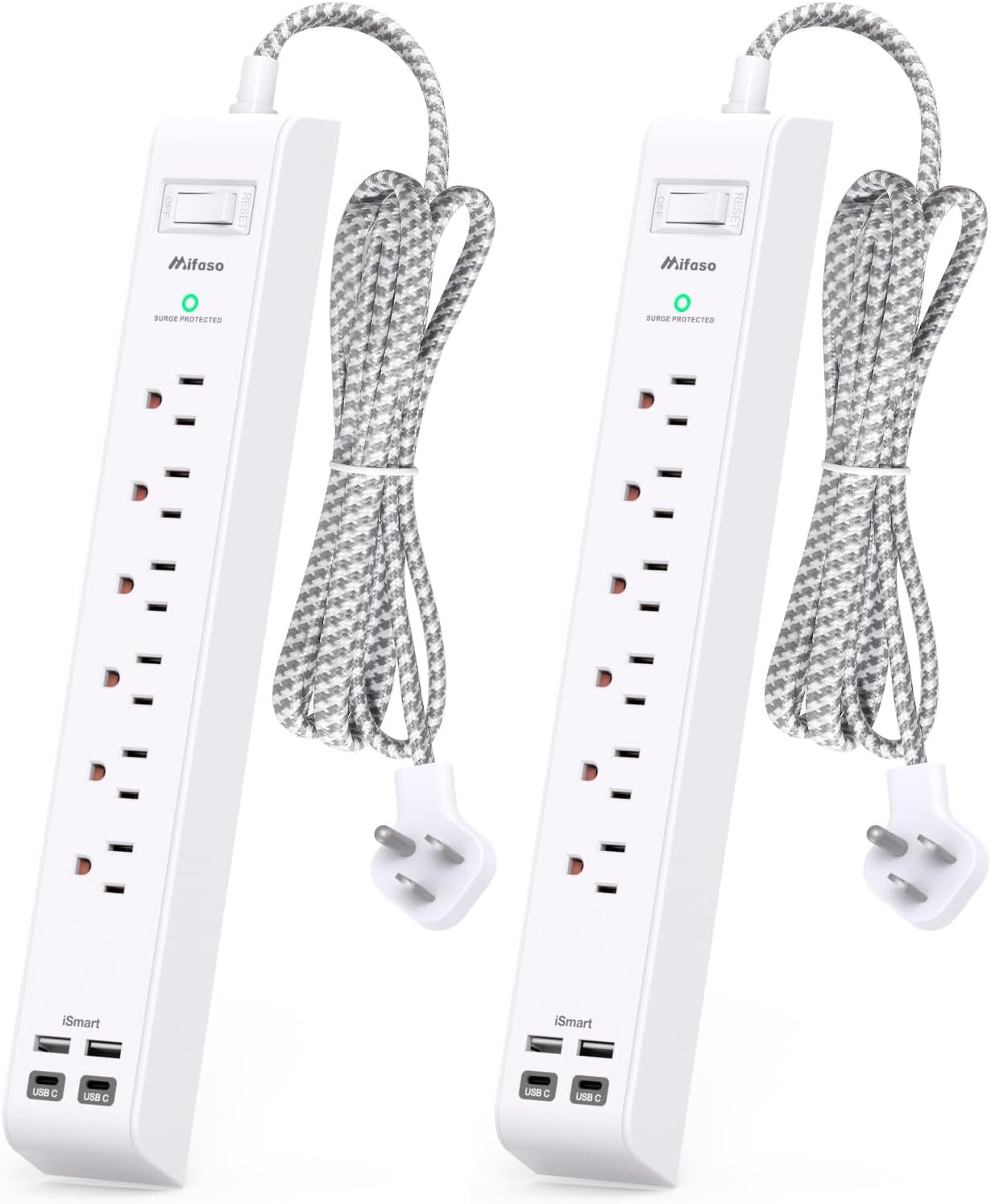 2 Pack Power Strip Surge Protector - 6 Outlets 4 USB Charging 5 FT, White