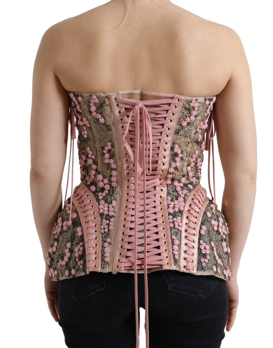 DOLCE & GABBANA Top Pink Floral Applique Bustier Corset IT38