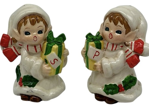 2 Vintage Ceramic Singing Christmas Elves W/ Presents Salt & Pepper Shakers 3.5” - Picture 2 of 8