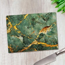 Green Gold Marble Effect Glass Chopping Board Large Kitchen Worktop Saver