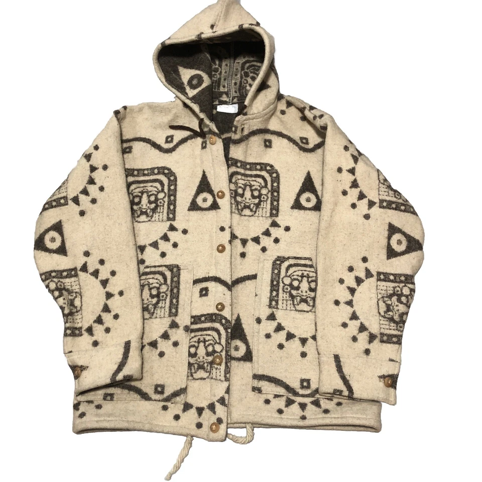 Hand Made In Ecuador Wool Aztec Coat Size L Hoodie And Two Pockets Southwestern - Image 3 of 4