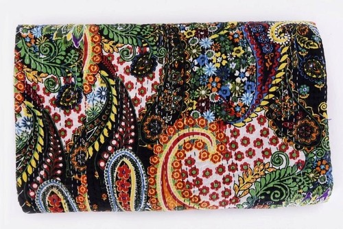 Paisley print cotton quilt hand stitched bohemian kantha bedspread 90 x 108 inch - Picture 5 of 58